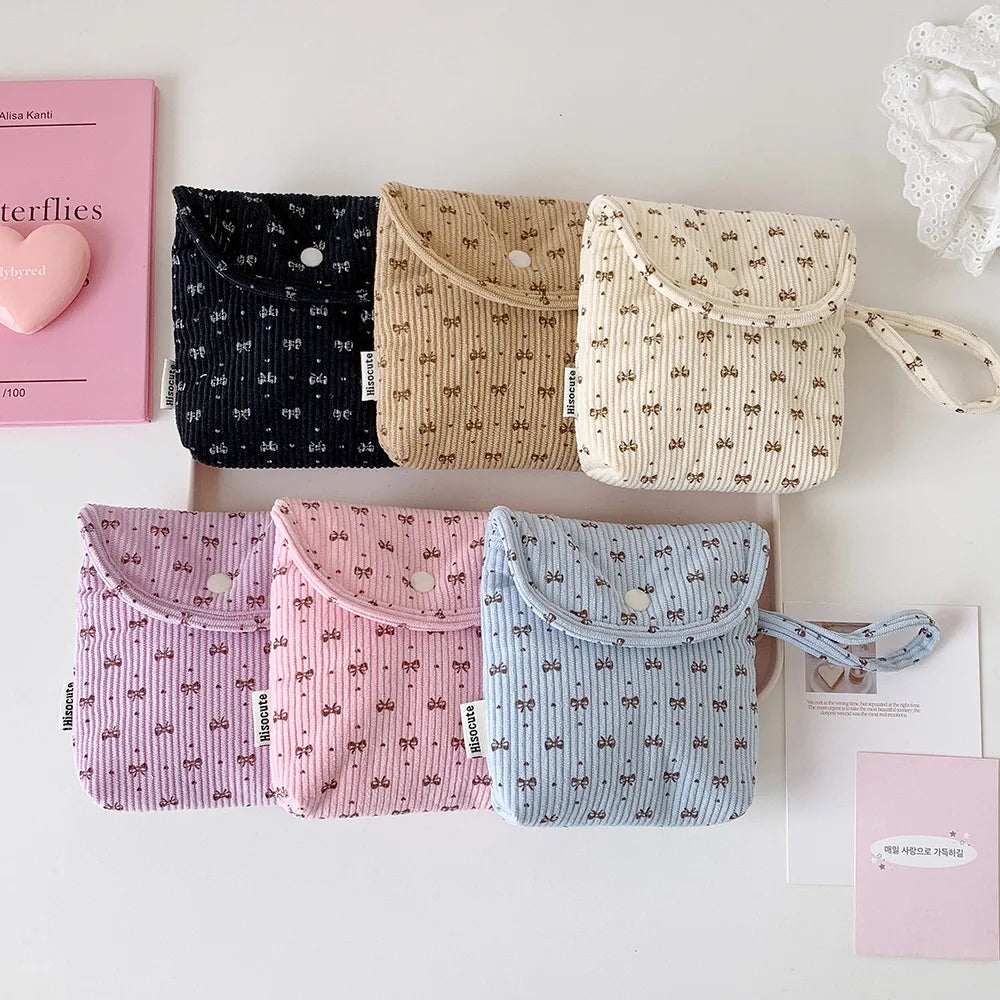Corduroy Makeup Bag Premium Portable Storage Bag Cosmetic Organizer Bag Spacious Bow Sanitary Napkin Pouch For Gift For Women Oasis Select
