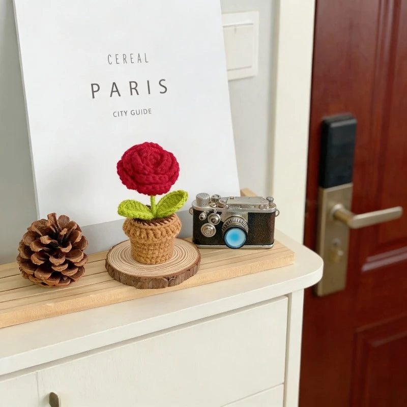 Handmade Knitted Flower Pot Red Heart Shaped Knit Imitation Potted Plant for Mother's Day Gifts Home Desktop Decor Oasis Select