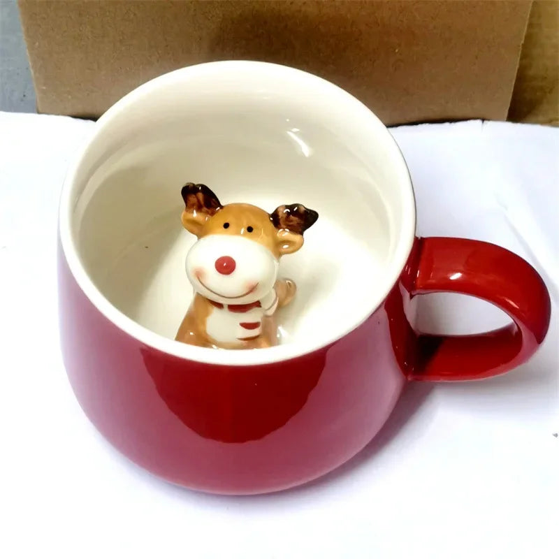 Ceramic Water Cup Santa Claus Snowman Red Festive Mug with Lid Spoon Christmas Tree Reindeer Cup Christmas Gift Oasis Select Milu deer 301-400ml