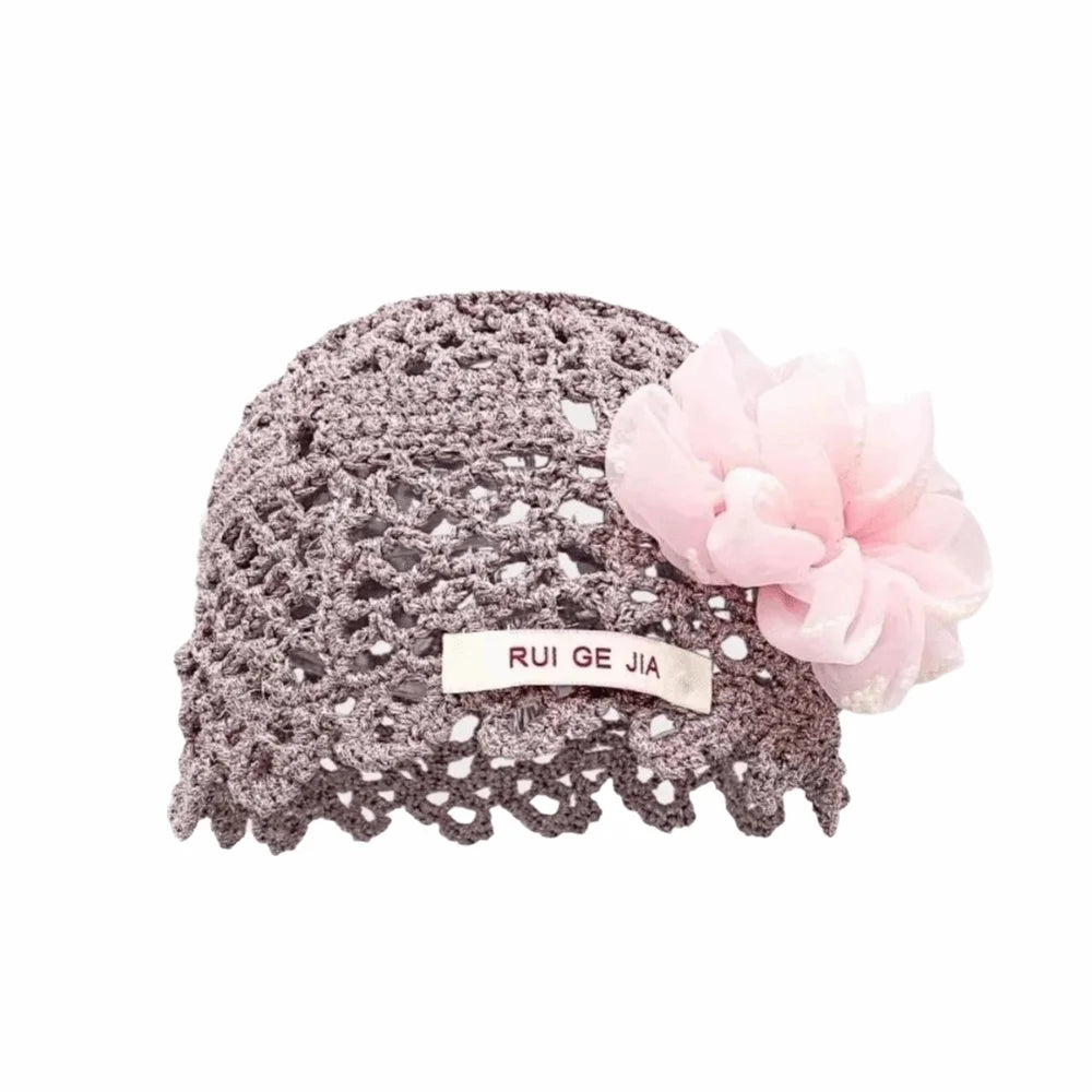 French Breathable Hollow Pullover Hats 3D Flower Hollow Out Beanies Cap Knitted Hat Summer Oasis Select