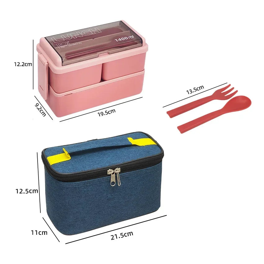 Double Layer Lunch Box with Storage Bag Leakproof Student Microwave Dinnerware Set with Fork Spoon Food Snack Storage Container Oasis Select Pink with bag