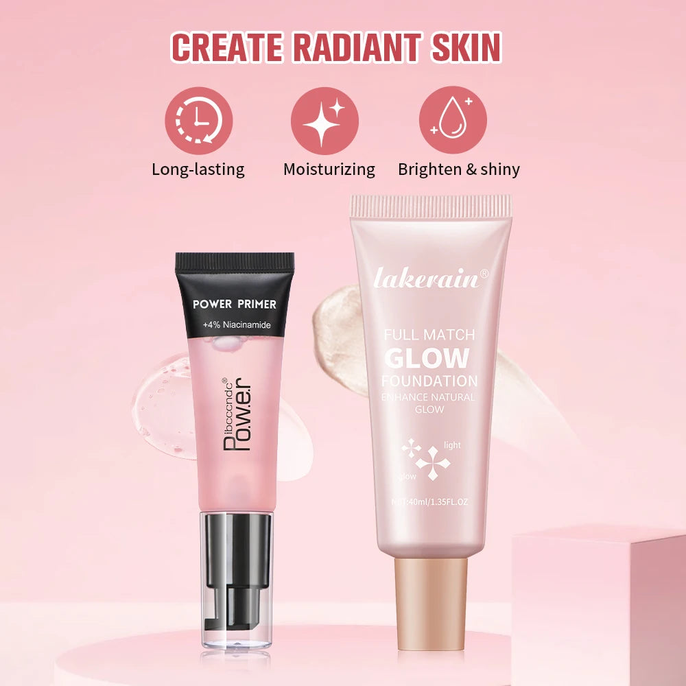 Powder Grip Primer Gel & Glow Foundation Makeup Kit Hydrating Smoothing Skin Lightweight Brighthen Shiny Fase Cosmetics Combo Oasis Select