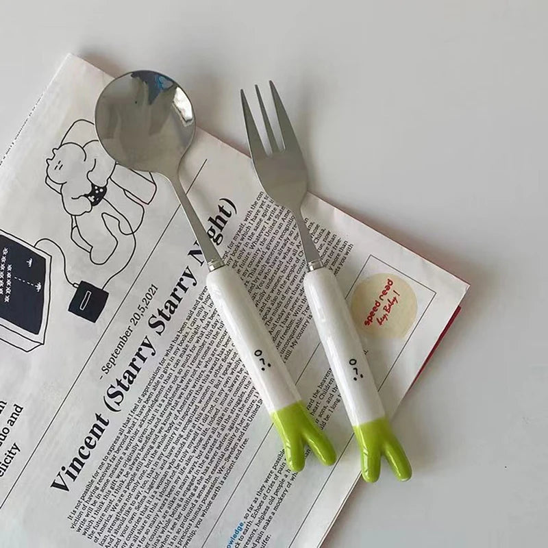 1Pcs Cute Cartoon Green Onion Stainless Steel Ceramic Tableware Creative Family Spoon and Fork Birthday Gifts for Boys Girls Oasis Select
