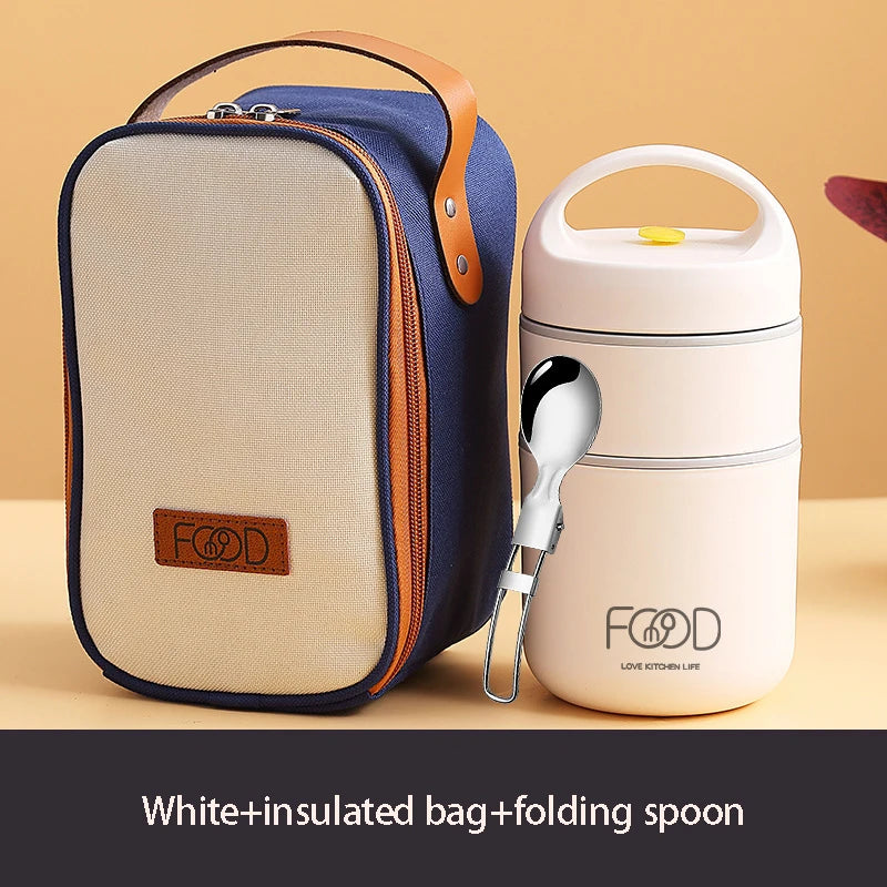 Compact Thermal Lunch Box With Insulated bag and spoon - Stainless Steel Soup Cup with Insulated Design, for Office, School Oasis Select WHITE