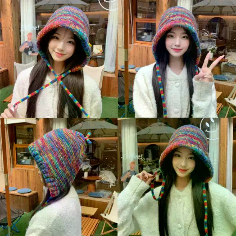 Rainbow Striped Knit Beanie Hat – Women's Winter Ear Warm Cap