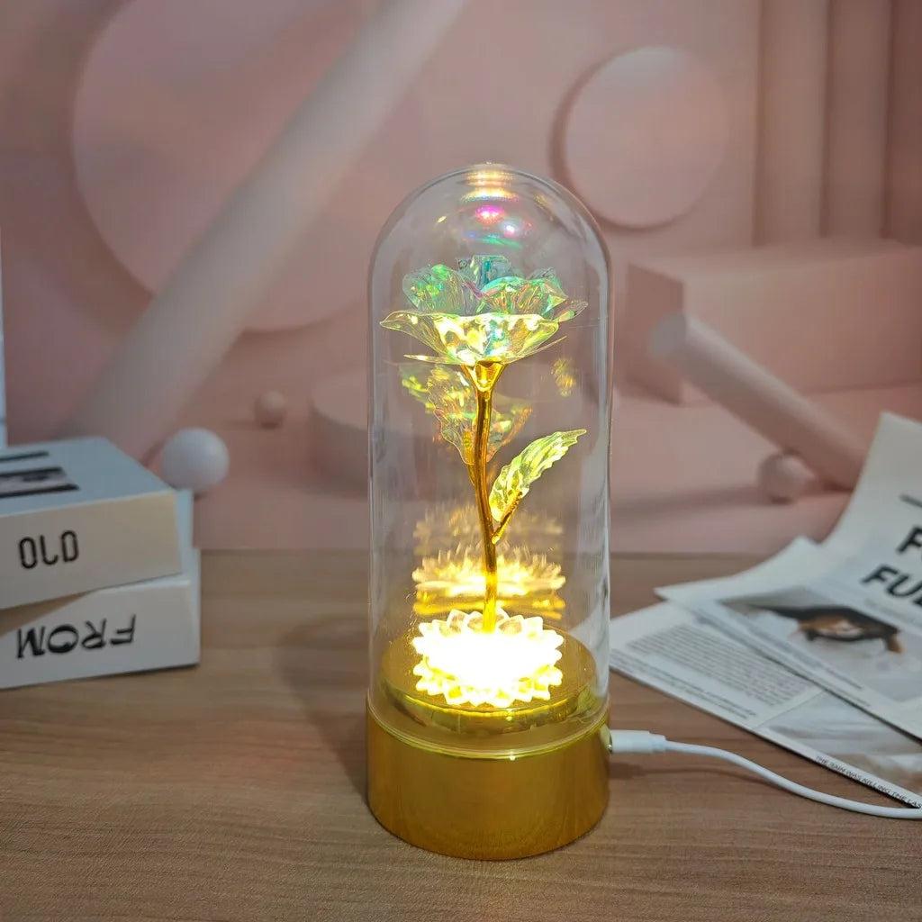 Never Beauty and the Beast Rose with Rose in Clear Dome with Led Light Powered by Battery Gift for Birthday Wedding Valentines Oasis Select Gold-1