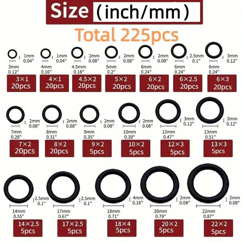 225Pcs O Ring Kit 18 Sizes Nitrile Rubber Gasket Seal Elastic Oil Resistant Washers for Faucet Plumbing Professional Use Oasis Select 225 per pack