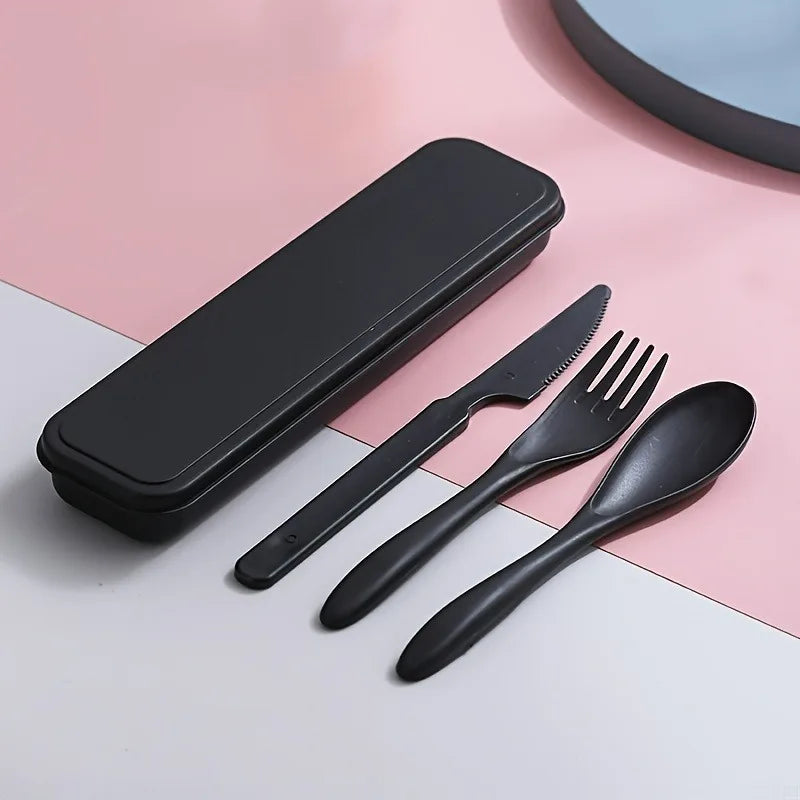 3pcs Outdoor Travel Knife, Fork, and Spoon Cutlery Set with Storage Box, Reusable Lightweight Utensils for Travel, Work, School Oasis Select black