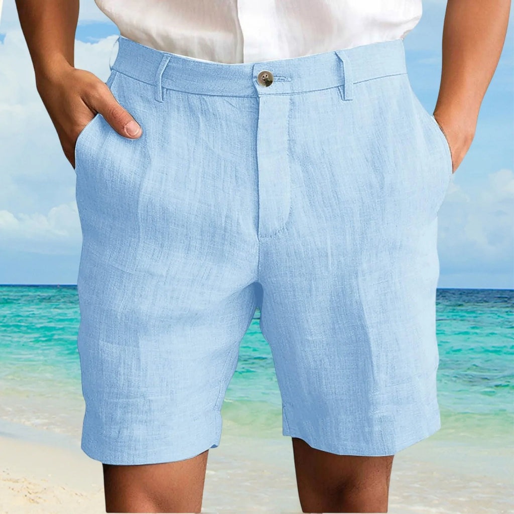 Summer Cotton Linen Shorts for Men Solid Casual Button Pocket Beach Shorts Men's Comfortable Simple Vacation Leiture Pants Oasis Select Light Blue XL