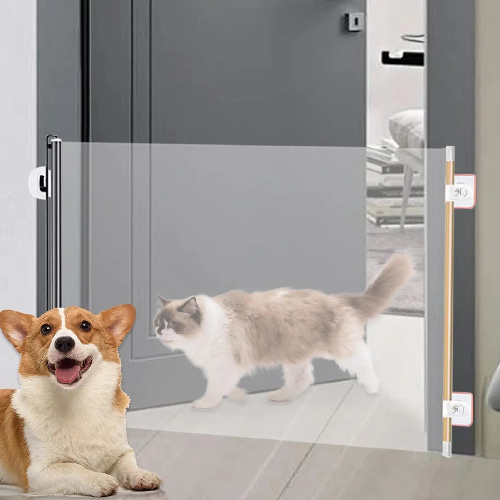 Retractable Pet Gate Adjustable Mesh Dog Gate Retractable Expandable Folding Barrier Divider Blocker Screen for Indoor Outdoor Oasis Select