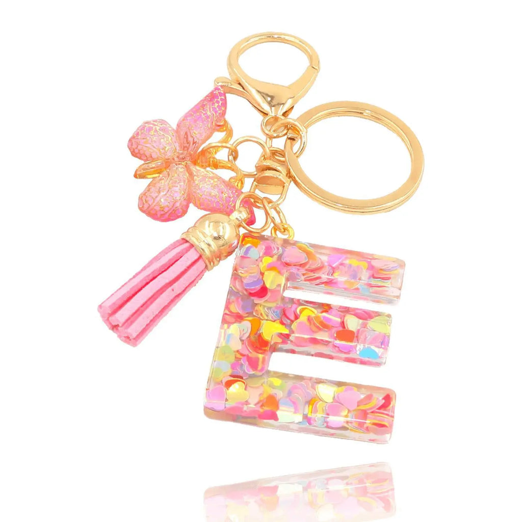 1pc Pink Glitter Letter Keychain with Heart Butterfly Tassel Crystal Resin Charm Fashion Accessory Gift for Women & Girls Oasis Select E