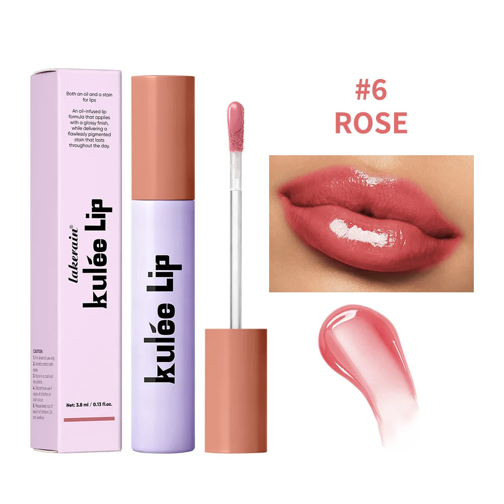 Kulfée Staining Lip Oil Gloss Stain Two In One Long Lasting Deep Hydration Moisturizing Non Sticky Waterproof Lip Makeup Oasis Select 6Rose