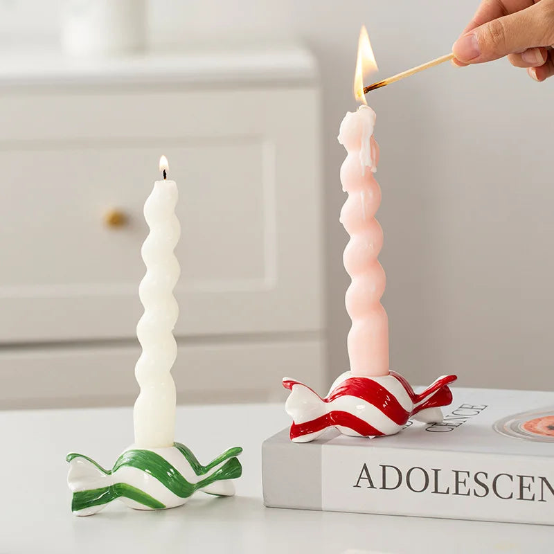 Ceramic Tealight Candle Holder | Striped Xmas Candy Design