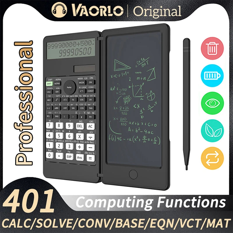 Solar Scientific Calculator With 6 Inch Writing Tablet Foldable 401 Computing Functions Professional Calculators PK 991MS 991ES Oasis Select Black