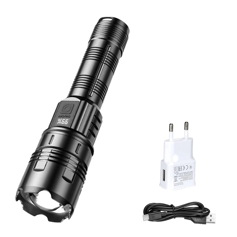 Rechargeable Led Flashlight Super Bright Portable Ultra Power Long Range Tactical Torch Lamp Outdoor Emergency Camping Lantern Oasis Select 1PC with EU Plug