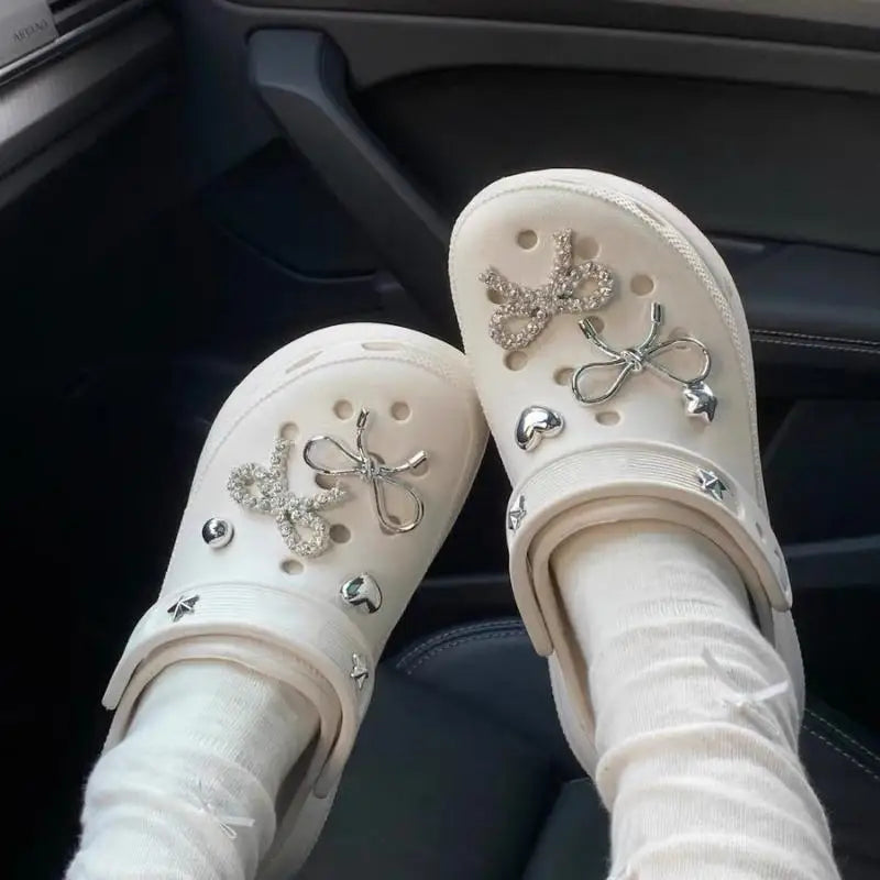 Elegant Rhinestore Bowknot Clogs Accessories Summer 2026 Woman's Luxury DIY Shoes Charms Set Y2K Metal Heart Shoes Decorations Oasis Select