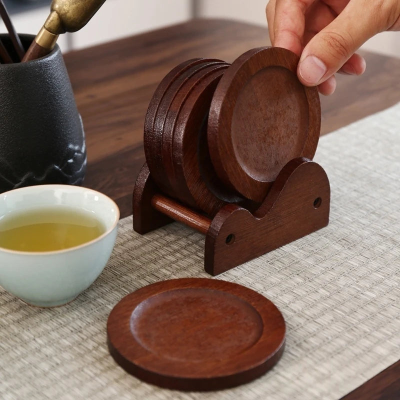 6Pcs Bamboo Coasters With Holder, Heat Resistant Non-Slip Round Insulated Mats For Hot Coffee Mugs Tea Cups Bowls Table Decor Oasis Select