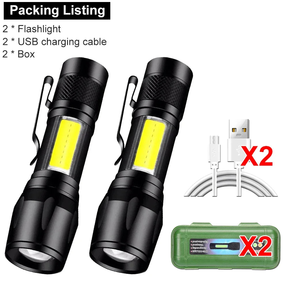 Super Bright LED Mini Tactical Flashlight COB+XPE Zoom Torch USB Rechargeable Outdoor Camping Waterproof Lantern with Pen Clip Oasis Select 2PCS With Box