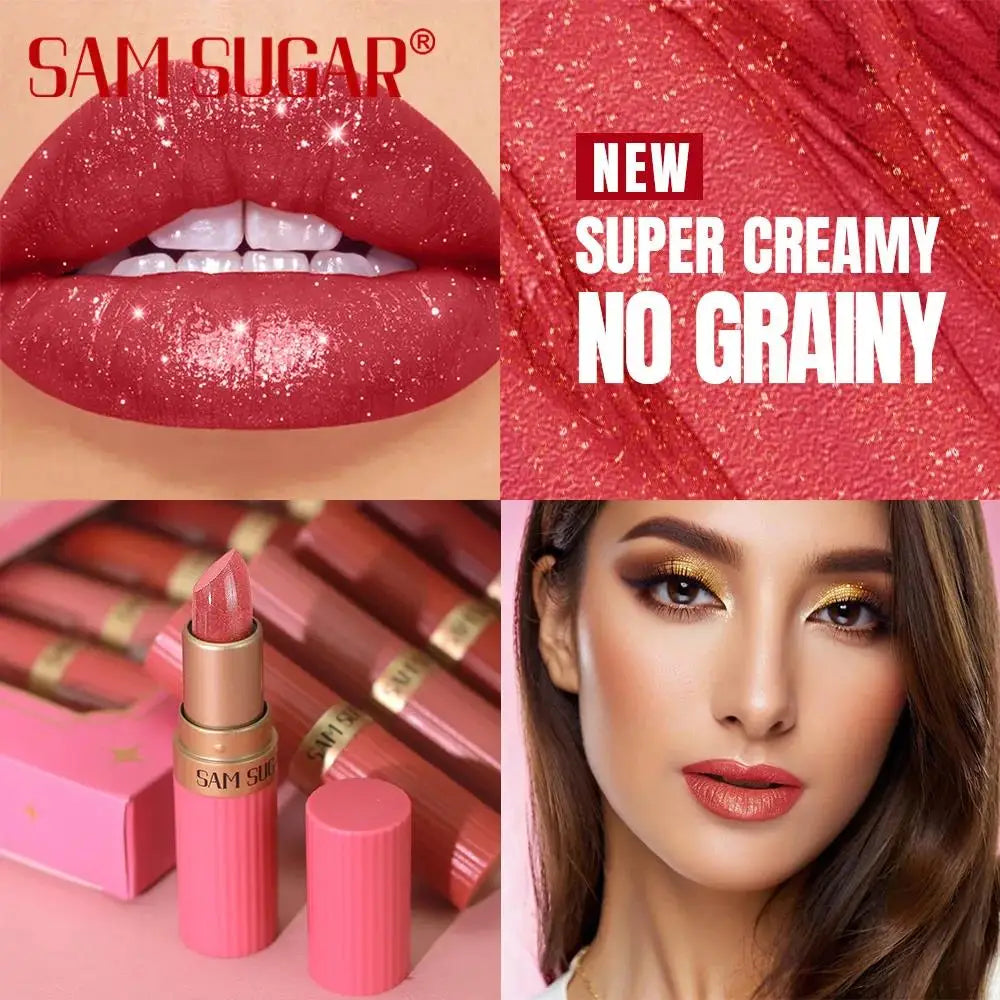 6-Piece Diamond Shimmer Lipstick Set – Metallic Glitter Lip Gloss