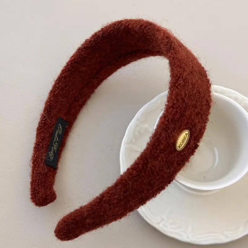 Korean Fuzzy Headband – Soft Plush Hairband with Gold Logo