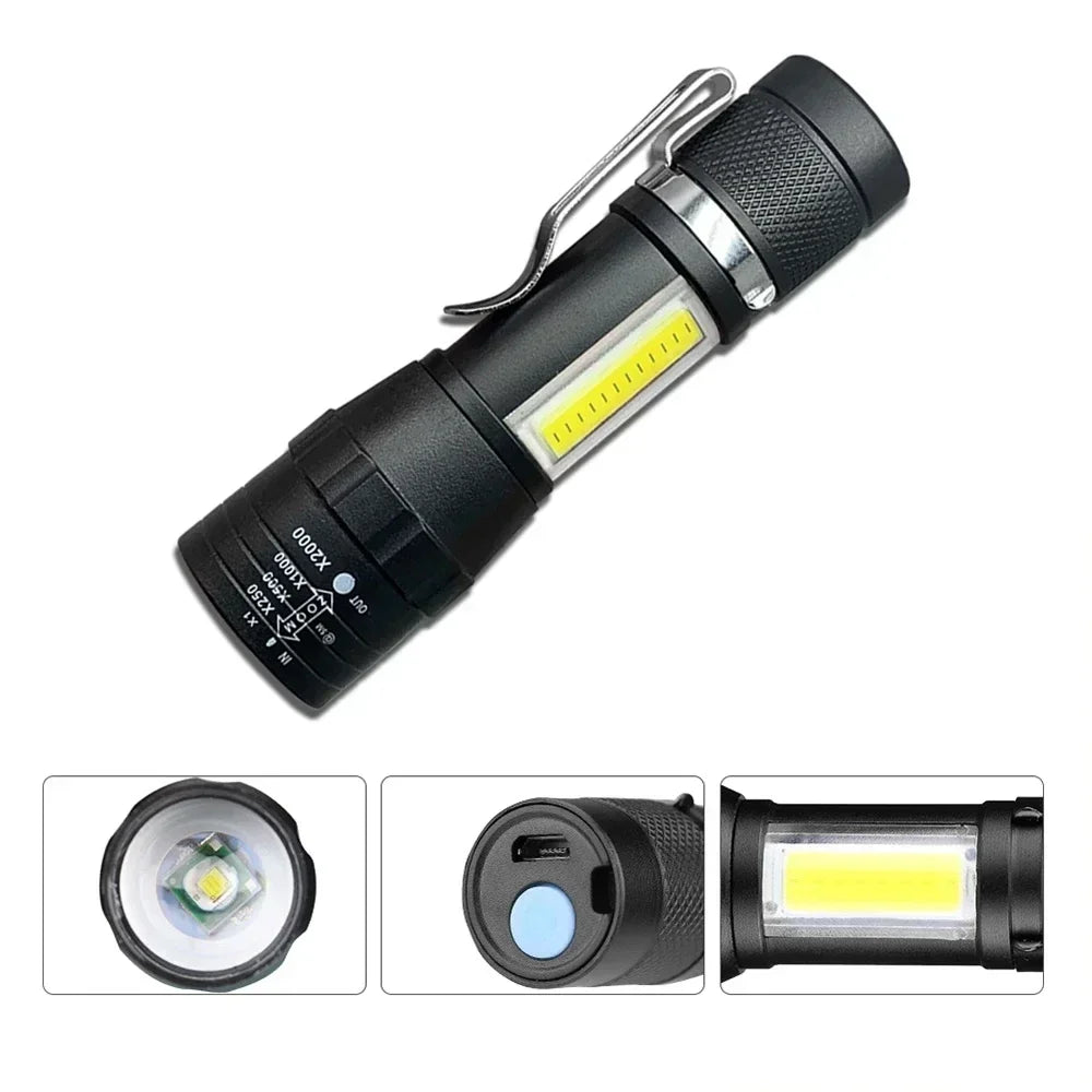 USB Mini Rechargeable Flashlight COB+XPE LED Zoomable Torch Built-in Battery 3 Lighting Modes Outdoor Camping Emergency Lantern Oasis Select