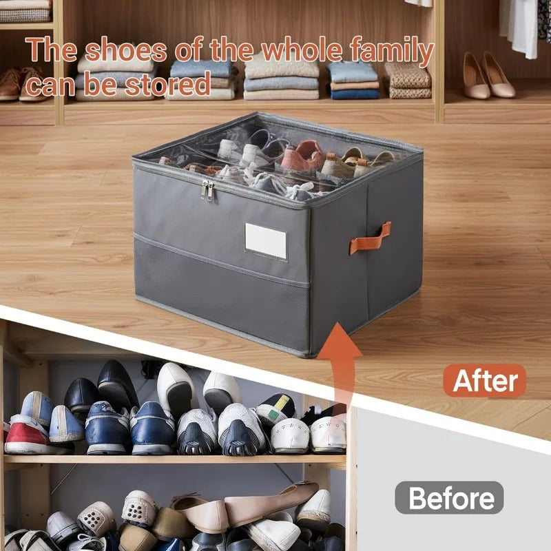 12-Grid Foldable Shoe Organizer with Clear Window and Handle , Collapsible Closet Storage Box for Shoes, Space-Saving Container Oasis Select
