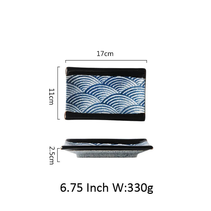 Japanese Wave Pattern Ceramic Sushi Plate Retro Steak Dish Sushi Dinner Plate Tableware Oasis Select 6.75Inch
