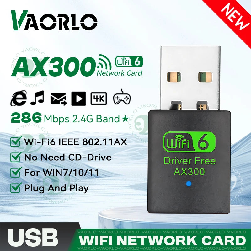 VAORLO WIFI 6 USB Adapter AX300 Network Card Mini USB Dongle 2.4GHz 802.11AX Wireless Dongle Receiver For Win 7/10/11 Drive Free Oasis Select