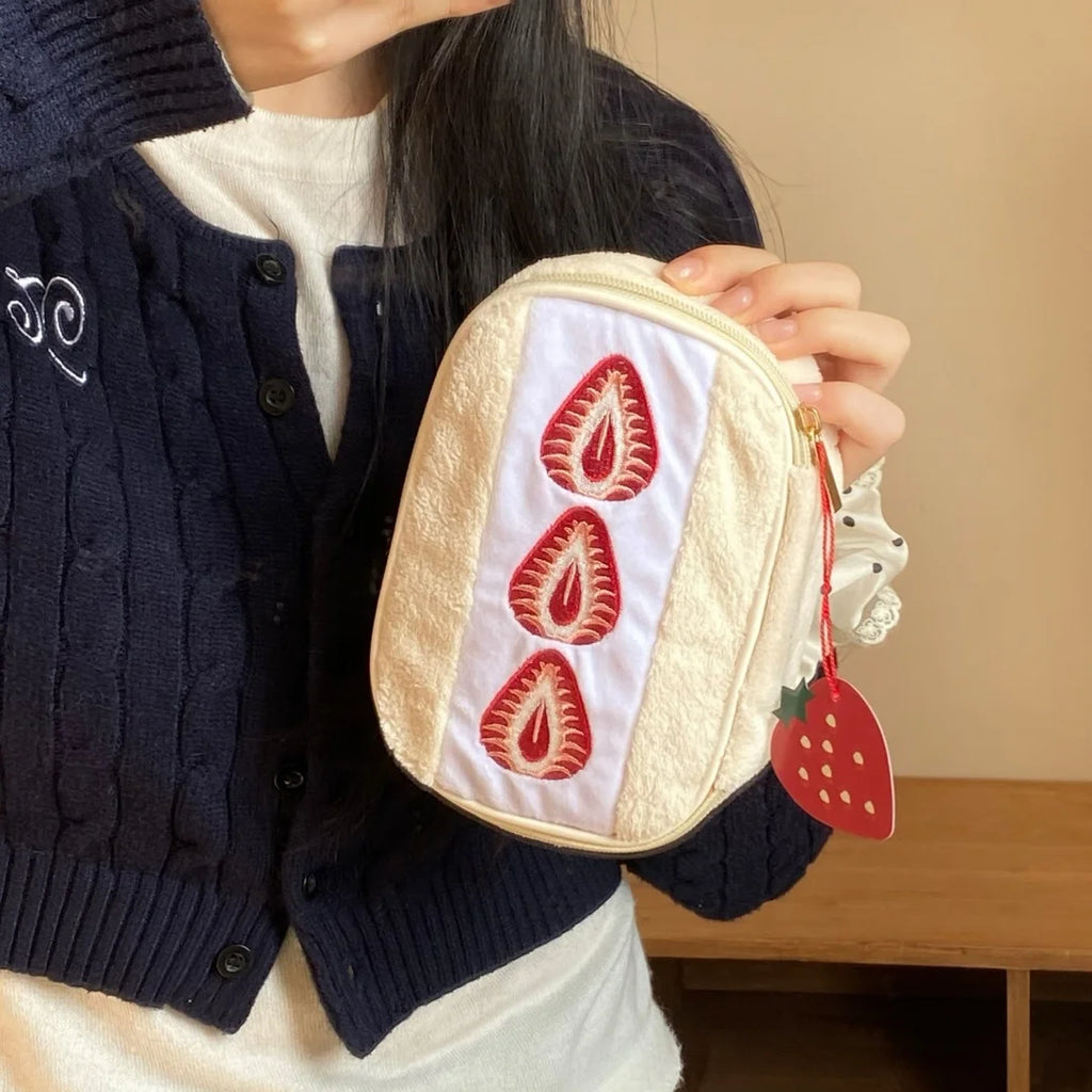 Cute Embroidered Strawberry Pencil Case Portable Stationery Pen Box Multi Functional Large Capacity Makeup Bag Storage Bag Oasis Select