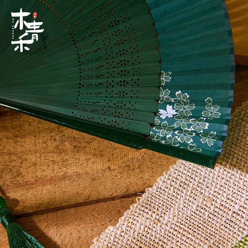 21cm Chinese style retro style green series Cherry Blossom gradient folding fan daily portable dance cheongsam fan Oasis Select