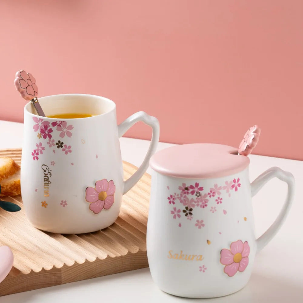 Relief Cherry Blossom Ceramic Mug With Lid Spoon Heat-resistant Mugs Milk Coffee Cup Couple Tea Juice Cups Drinkware Oasis Select