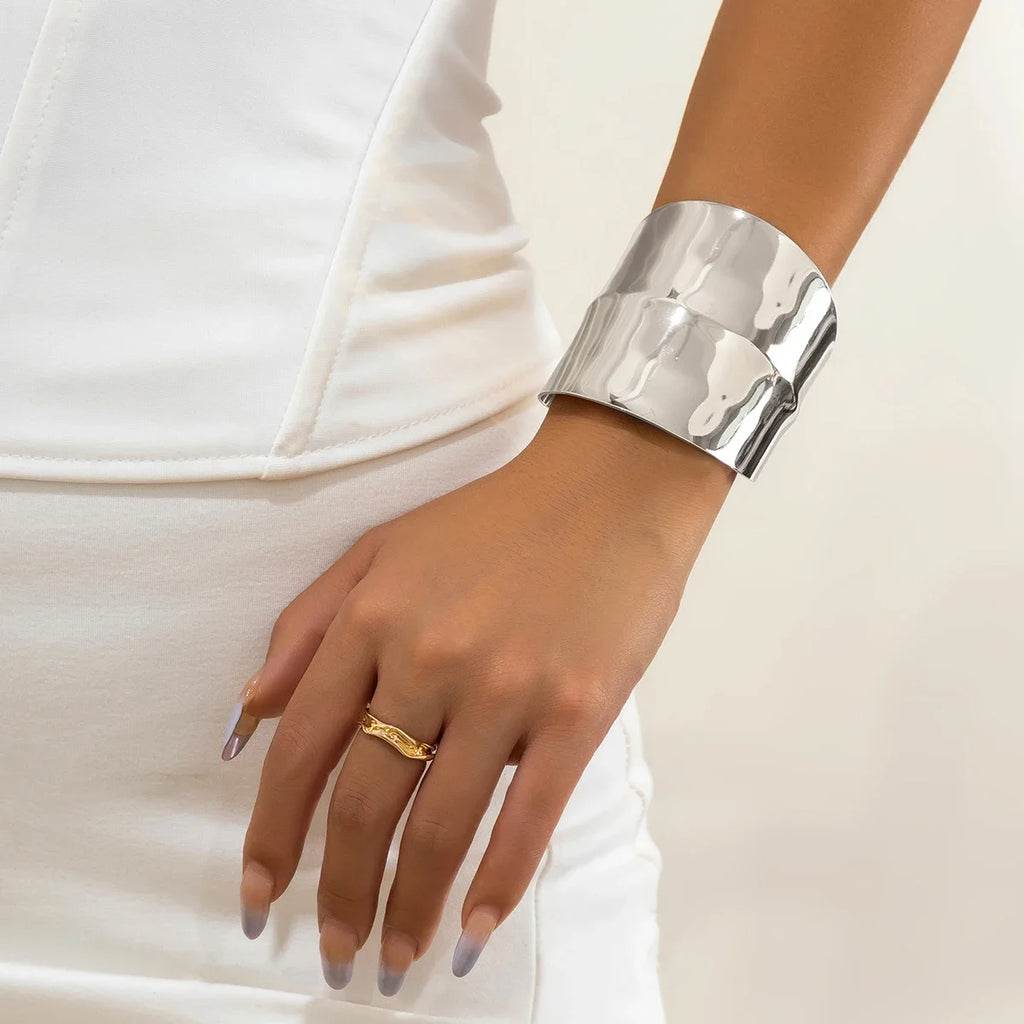 Salircon Gothic Asymmetric Wide Cuff Open Bracelet Punk Aesthetics Adjustable Bracelet Women's Fashion Statement Party Jewelry Oasis Select silver color