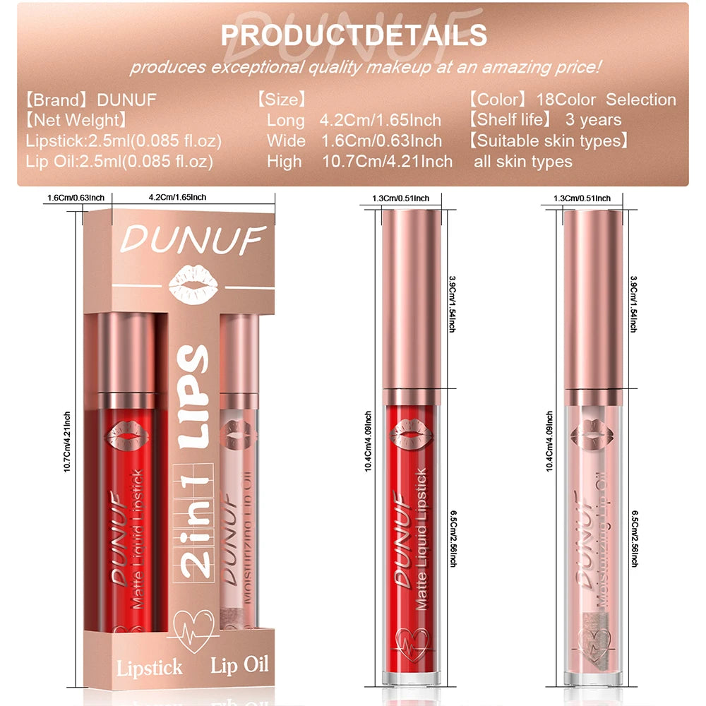 DUNUF Lip Gloss And Lip Oil Set 2-Piece Long-Lasting Waterproof Matte Moisturizing Non-Fading Lipstick Collection Oasis Select