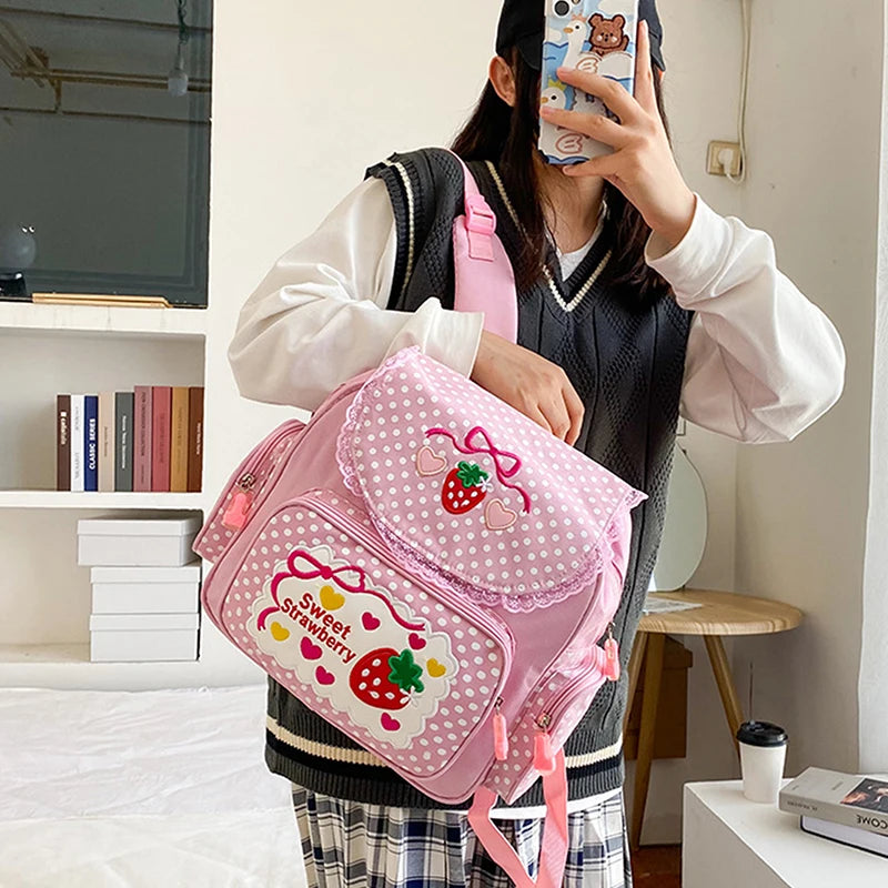 Pink Girl Embroidery Strawberry Children's Schoolbag Student Birthday Gift Cartoon Backpack Book Bags Christmas New Year Gift Oasis Select