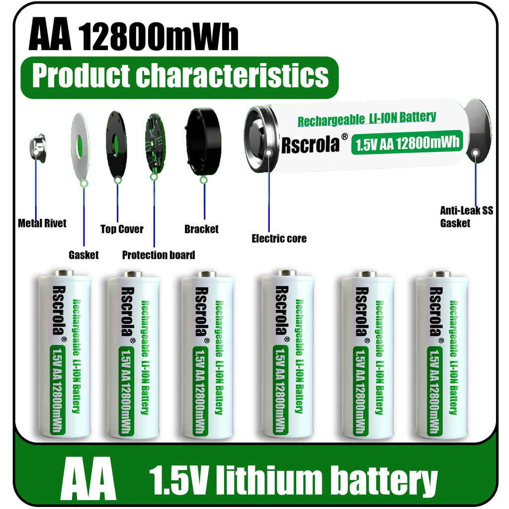 Universal Rechargeable 1.5V AA 12800mWh Lithium ion Battery Fast charging with Charger for Camare Clock Mouse Fan Electric Toys Oasis Select