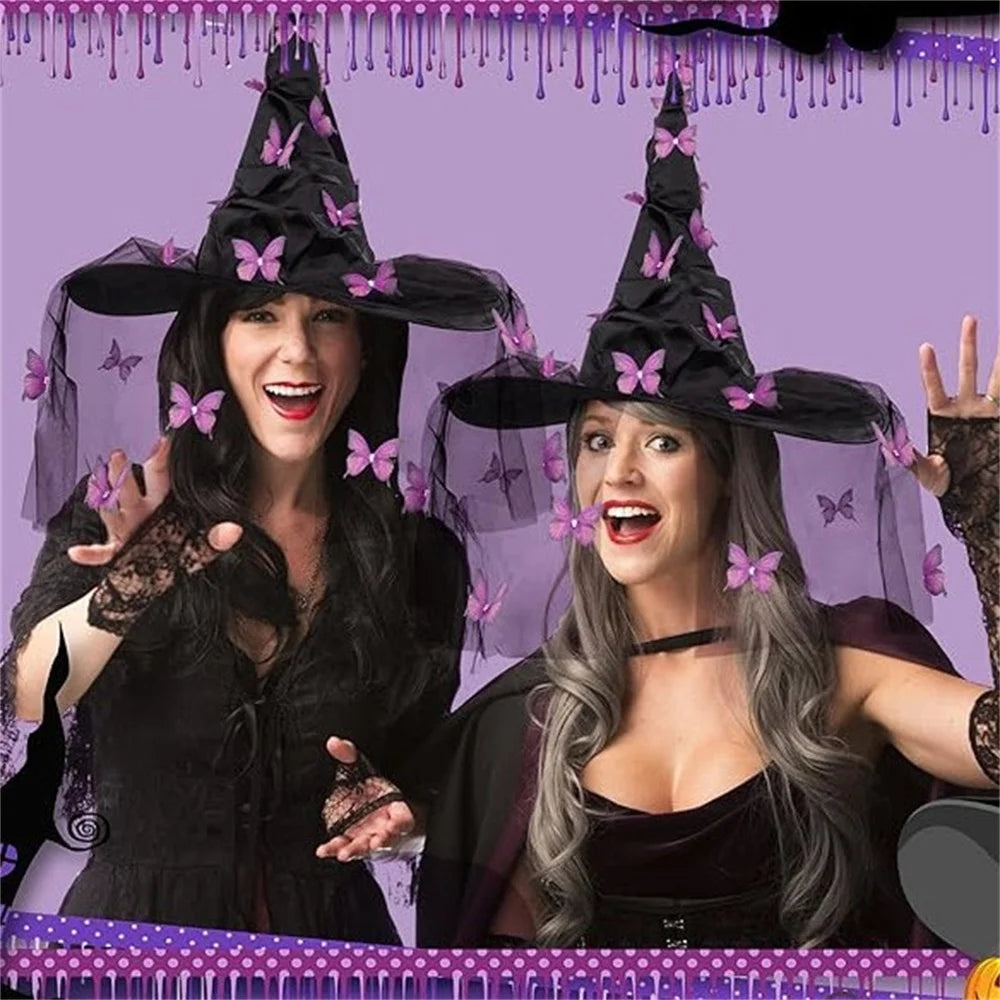 Halloween Witch Hat Butterfly Mesh Folds Hats Masquerade Party for Kids Adult Women Men Cosplay Props Costume Accessories Oasis Select