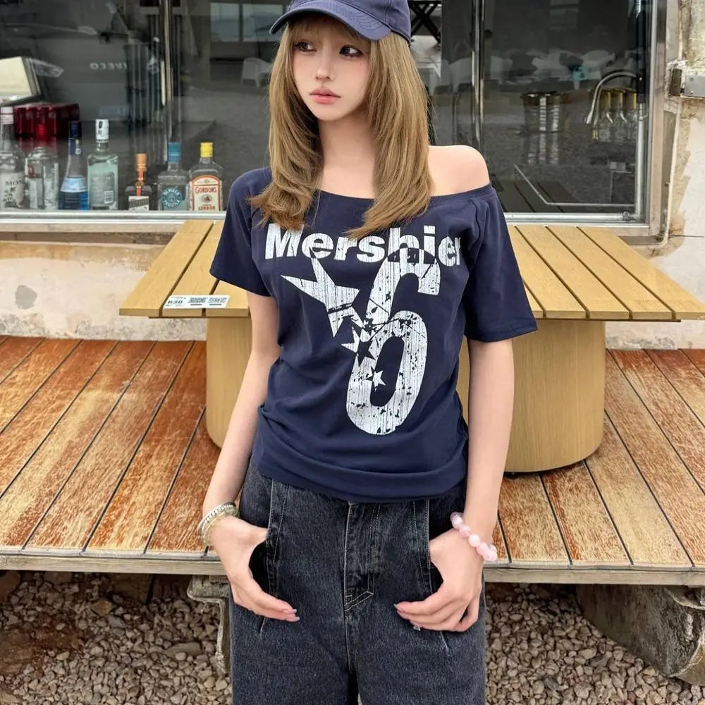 Trendy Y2k Off Shoulder Top Letter Print Body Basic Crop Top Skew Collar Summer Top Vintage Style Oasis Select