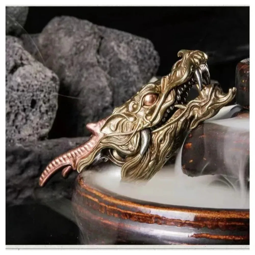 Gold Brass Dragon Head Keychain with Key Ring Fine Carved Domineering Car Keychain Multifunctional Metal Ornaments Luxury Gift Oasis Select