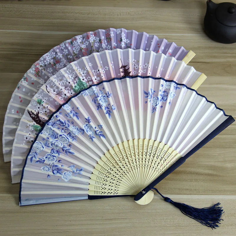 Chinese Engraved Folding Hand Fan Wooden Shank Classical Dance Tassel Fan Wedding Birthday Party Favor Fan Decor Gifts For Guest Oasis Select