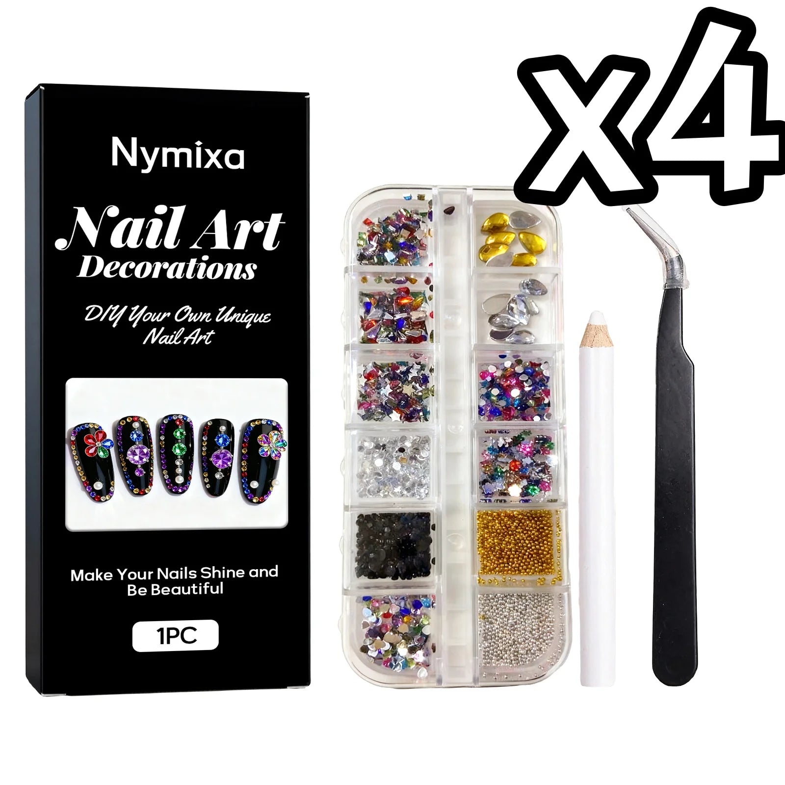 Nymixa 12-Grid Rhinestone & 12-Color DIY Nail Art Pen Set Nail Art Kit Oasis Select Art Rhinestone Setx4