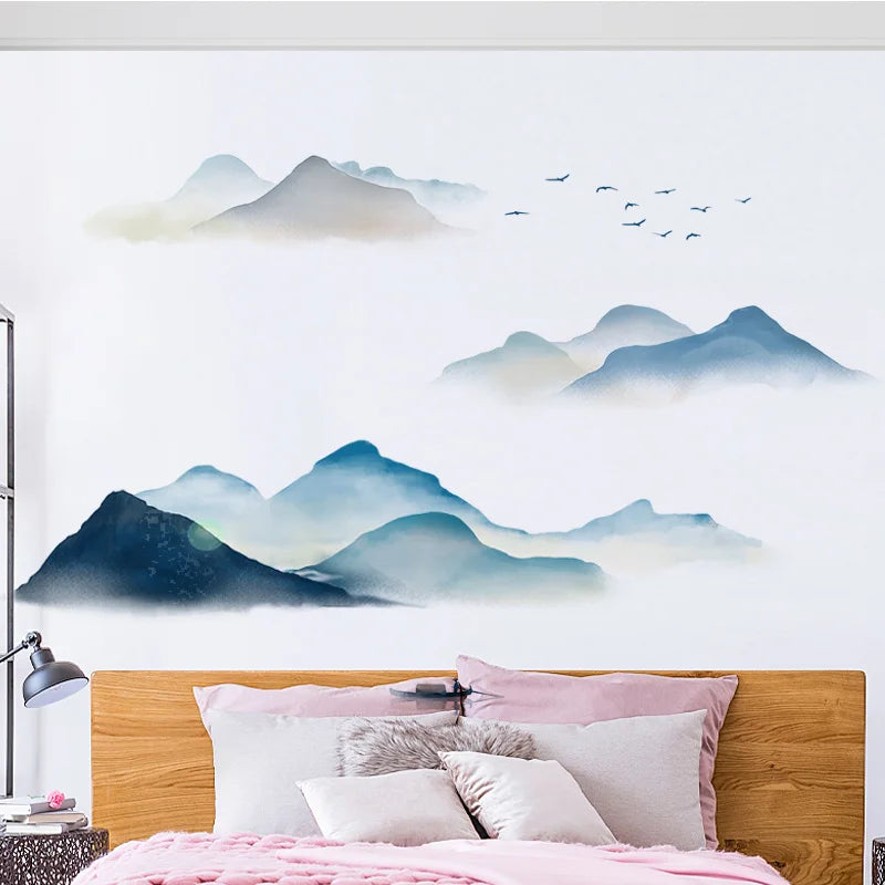 Ink Smudge Light Blue Mountain Background Wall Decoration Stickers Bedroom Bedside Chinese Artistic Conception Wall Stickers Oasis Select