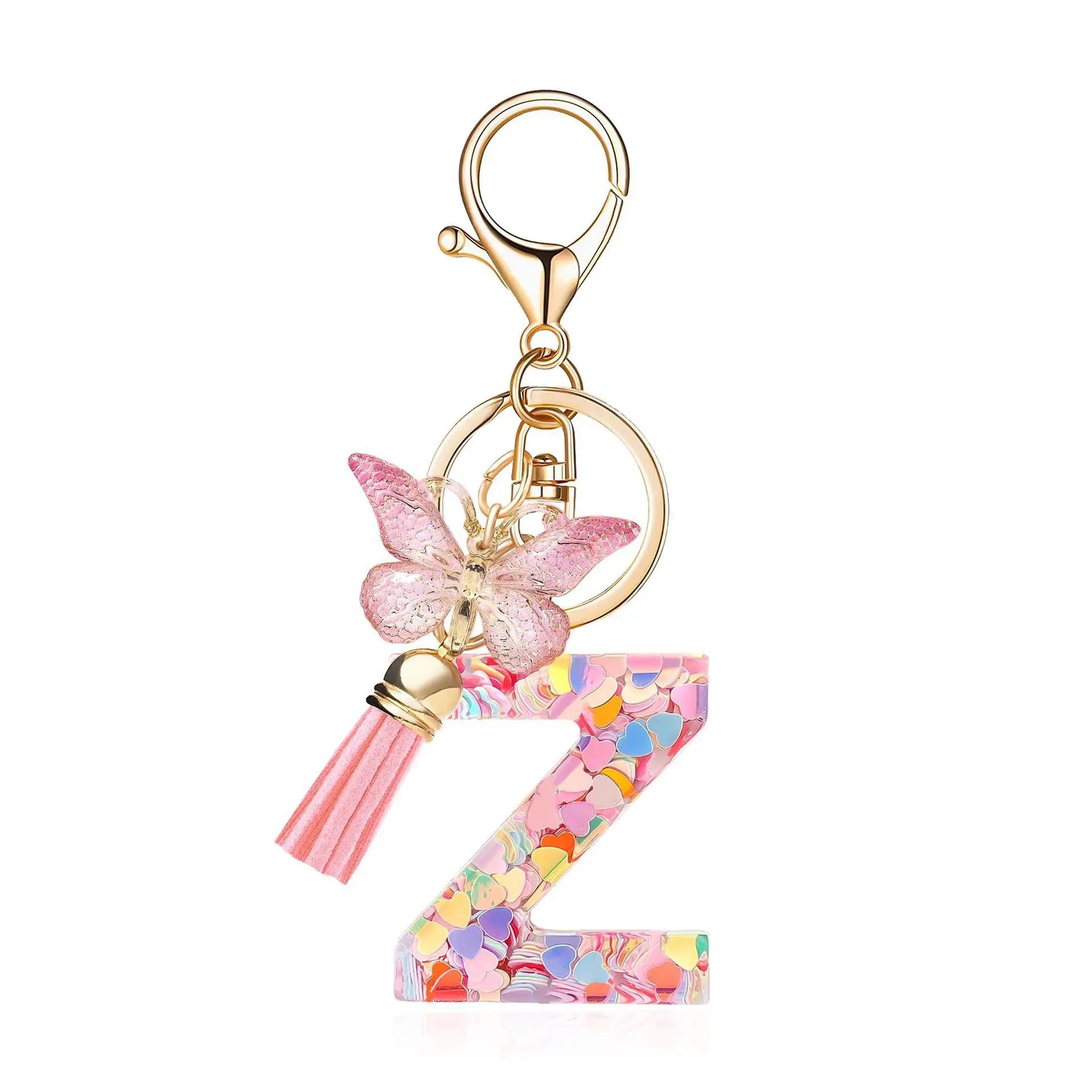 Pink Glitter Letter Keychain Heart Butterfly Tassel Crystal Resin