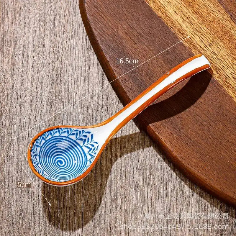 Japanese Underglaze Ceramic Soup Spoon, Everyday Ceramic Soup Spoon Ramen Long-handled Curved Spoon Tableware Oasis Select Willow Pattern