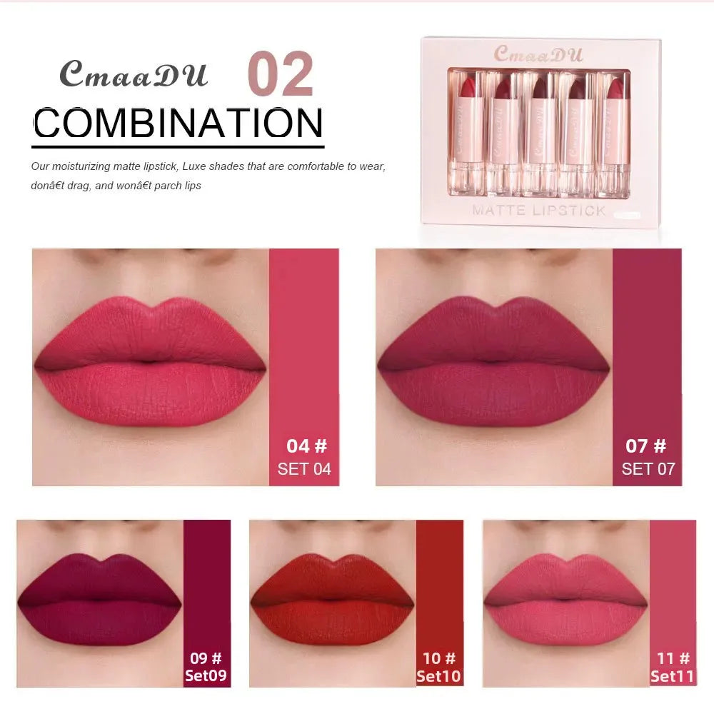 CmaaDu 5-Piece Velvet Matte Lipstick Set – Waterproof & Long-Lasting