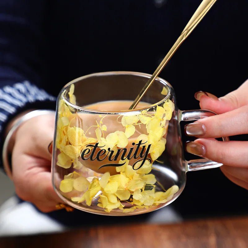 200ml Double Walled Glass Mug Cup Coffee Mug with Dry Flowers Decorative Creative Flower Mug Home Water Cup Drinking Glasses Oasis Select