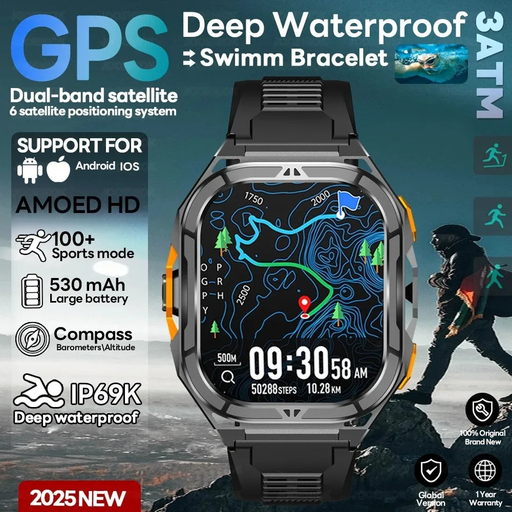 GPS Smart Watch 1.96" AMOLED Bluetooth Call 5ATM Compass