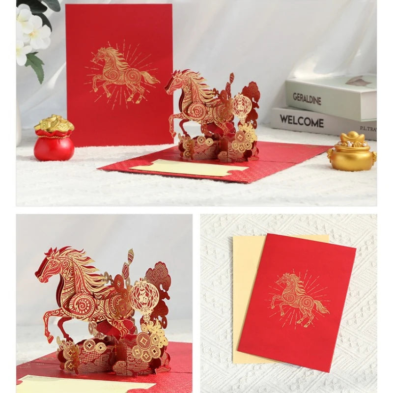 2026 Year of The Horse Lunar New Year 3D Bounce Card, Gold Horse Greeting Card with Memo Paper and Envelope Oasis Select