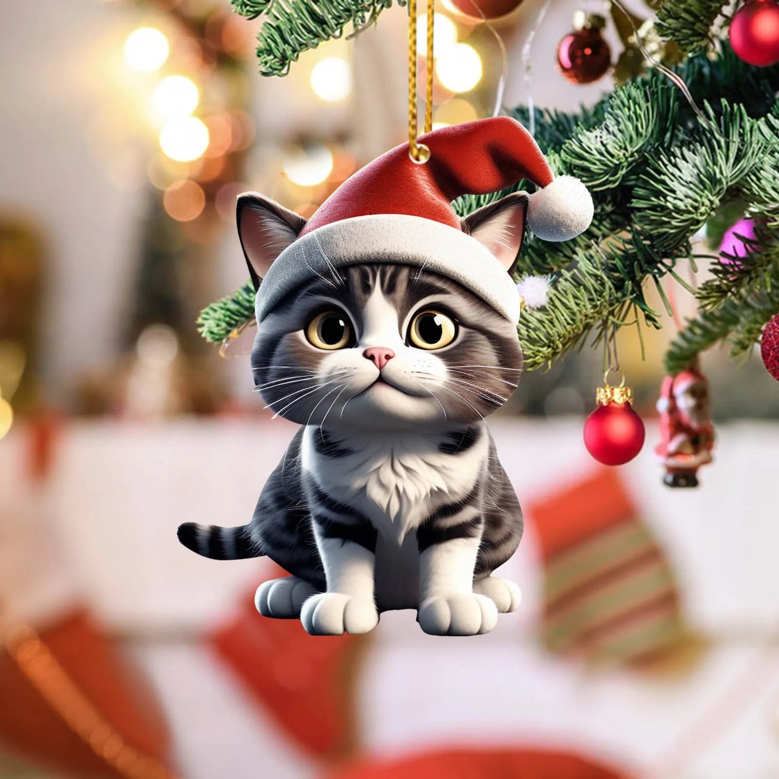 2D Acrylic Funny Cat Christmas Ornament | Santa Hat Pendant