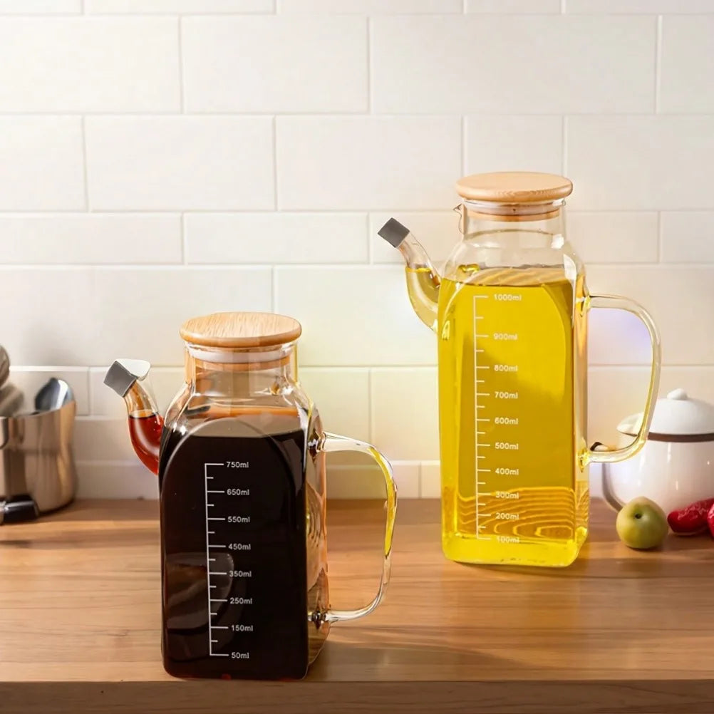 Glass Oil Pot 1000ml Large Capacity Vinegar Pot with Lid with Measurement Markings Hand Wash Only -Home Use Kitchen Accessories Oasis Select