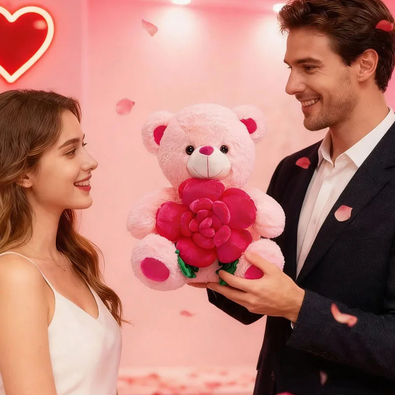 Valentines Day Bear Holding Rose Plush Toy Stuffed Animal Birthday Present for Girlfriend Wife Romantic Keepsake Home Decor Doll Oasis Select